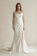 Cowl Neck Mermaid Ruched Satin Long Sleeves Wedding Dress With Slit in White - Curvevia