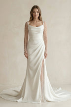 Cowl Neck Mermaid Ruched Satin Long Sleeves Wedding Dress With Slit in White - Curvevia