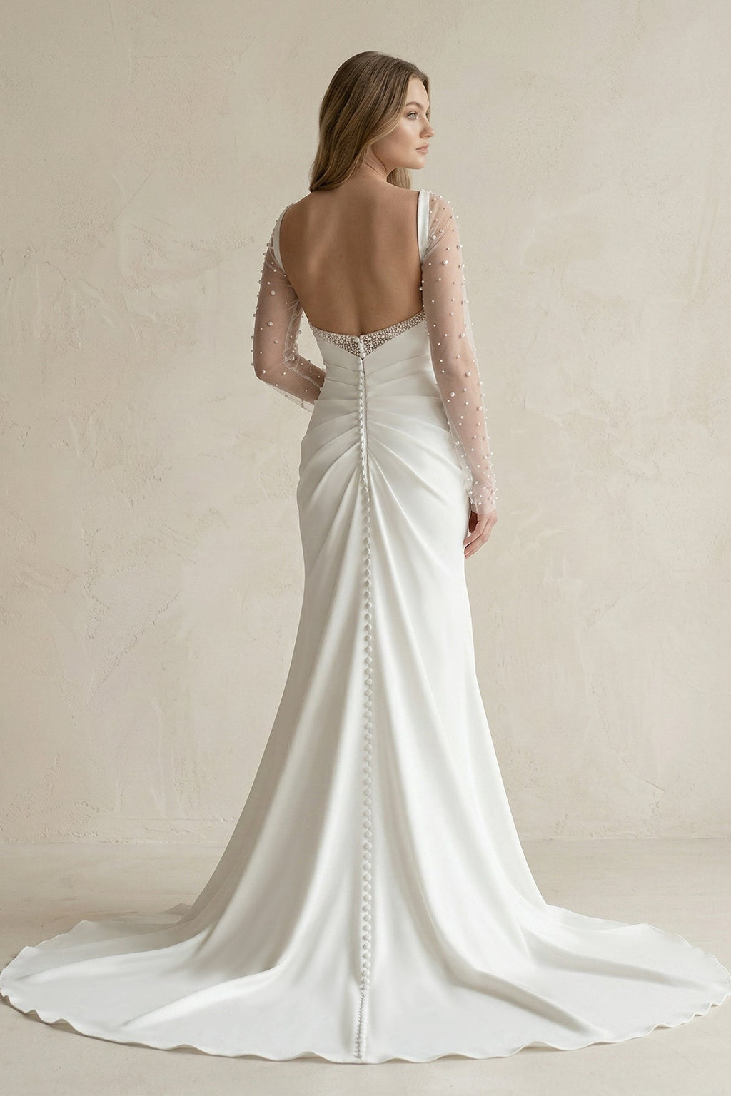 Cowl Neck Mermaid Ruched Satin Long Sleeves Wedding Dress With Slit in White - Curvevia