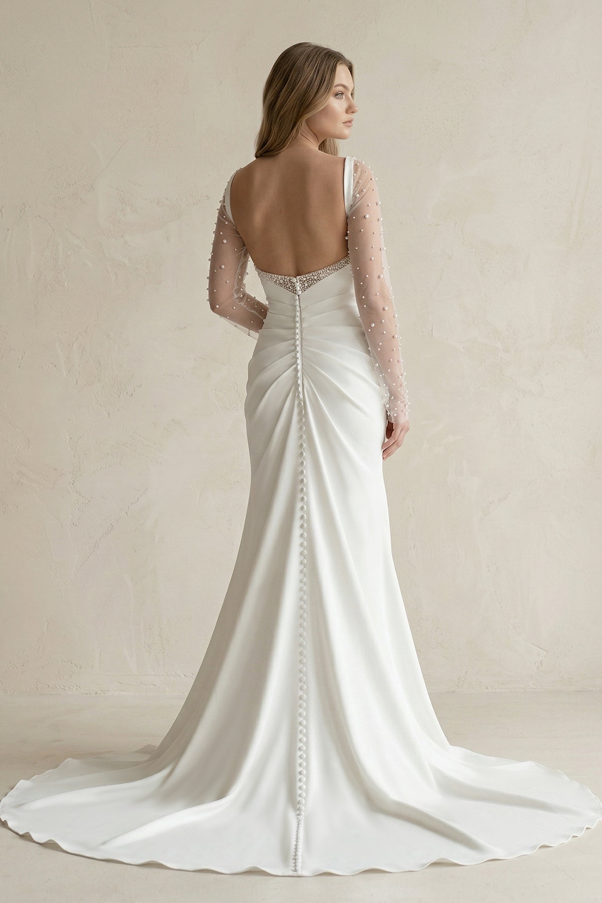 Cowl Neck Mermaid Ruched Satin Long Sleeves Wedding Dress With Slit in White - Curvevia