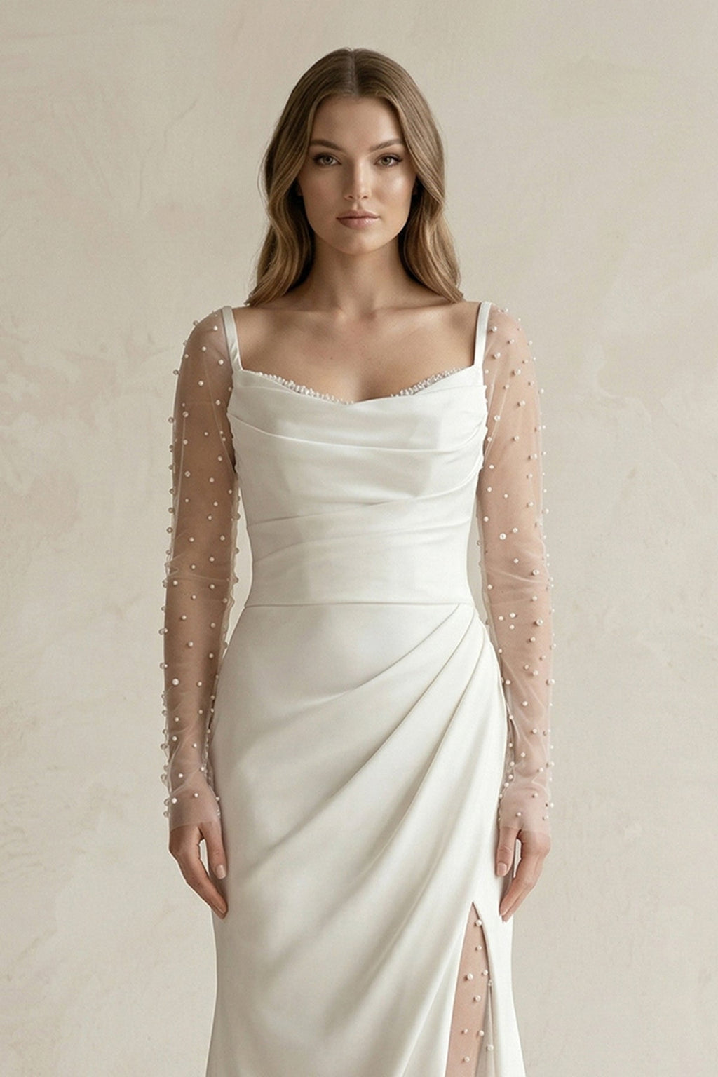 Cowl Neck Mermaid Ruched Satin Long Sleeves Wedding Dress With Slit in White - Curvevia