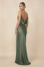 Sheath Cowl Neck Satin Bridesmaid Dress With Slit in Thyme - Curvevia