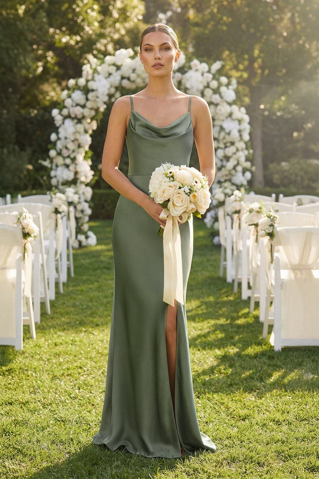 Sheath Cowl Neck Satin Bridesmaid Dress With Slit in Thyme - Curvevia