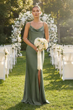 Sheath Cowl Neck Satin Bridesmaid Dress With Slit in Thyme - Curvevia
