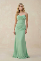Cowl Neck Sheath Chiffon Bridesmaid Dress with Corset in Pale Pistachio - Curvevia