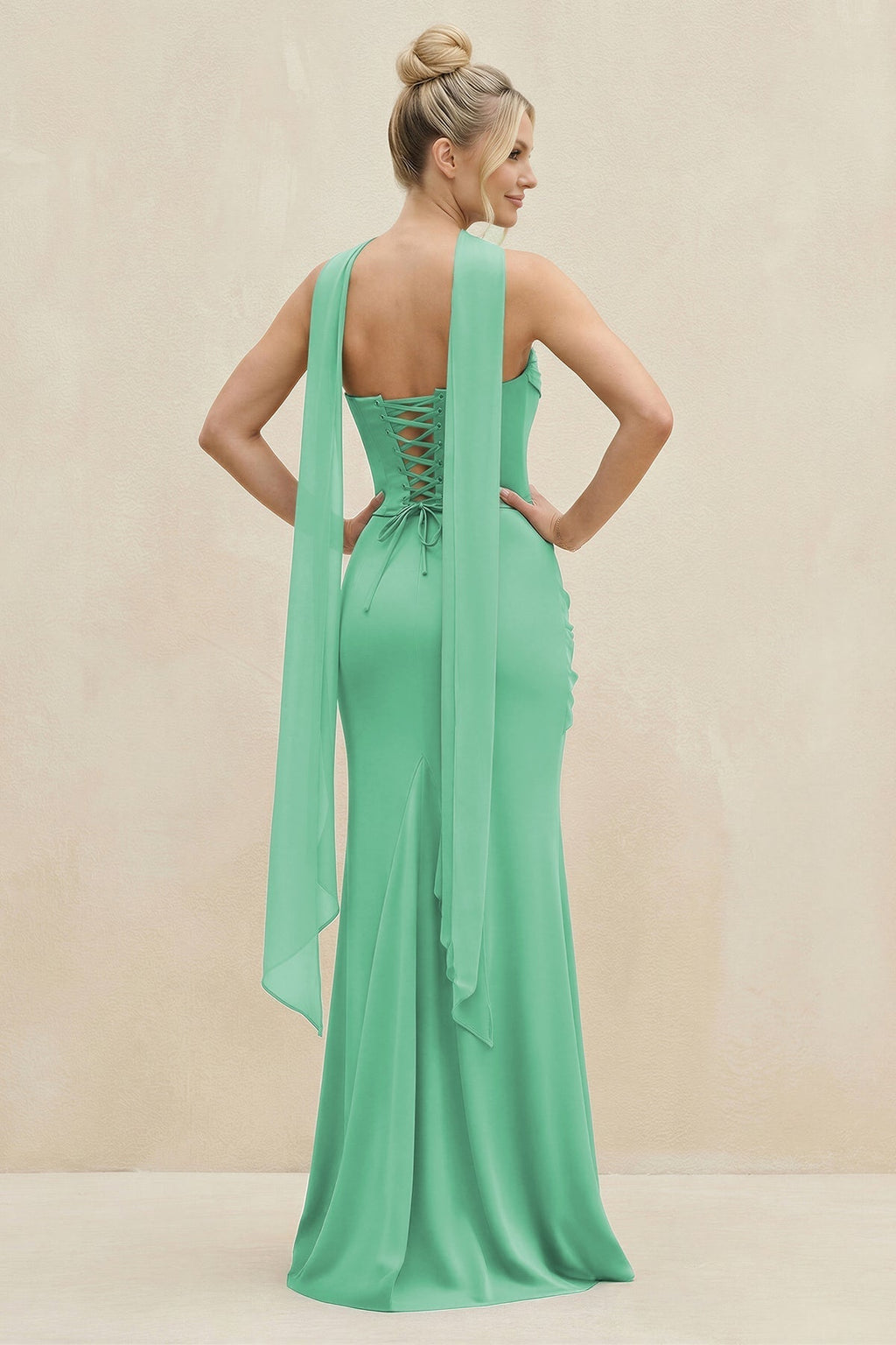 Cowl Neck Sheath Chiffon Bridesmaid Dress with Ribbon in Turquoise - Curvevia