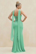 Cowl Neck Sheath Chiffon Bridesmaid Dress with Ribbon in Turquoise - Curvevia
