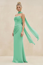 Cowl Neck Sheath Chiffon Bridesmaid Dress with Ribbon in Turquoise - Curvevia