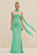 Cowl Neck Sheath Chiffon Bridesmaid Dress with Ribbon in Turquoise - Curvevia
