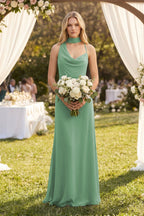 Cowl Neck Sheath Chiffon Maxi Bridesmaid Dress With Ribbon in Sea Glass - Curvevia