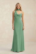 Cowl Neck Sheath Chiffon Maxi Bridesmaid Dress With Ribbon in Sea Glass - Curvevia