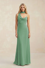 Cowl Neck Sheath Chiffon Maxi Bridesmaid Dress With Ribbon in Sea Glass - Curvevia
