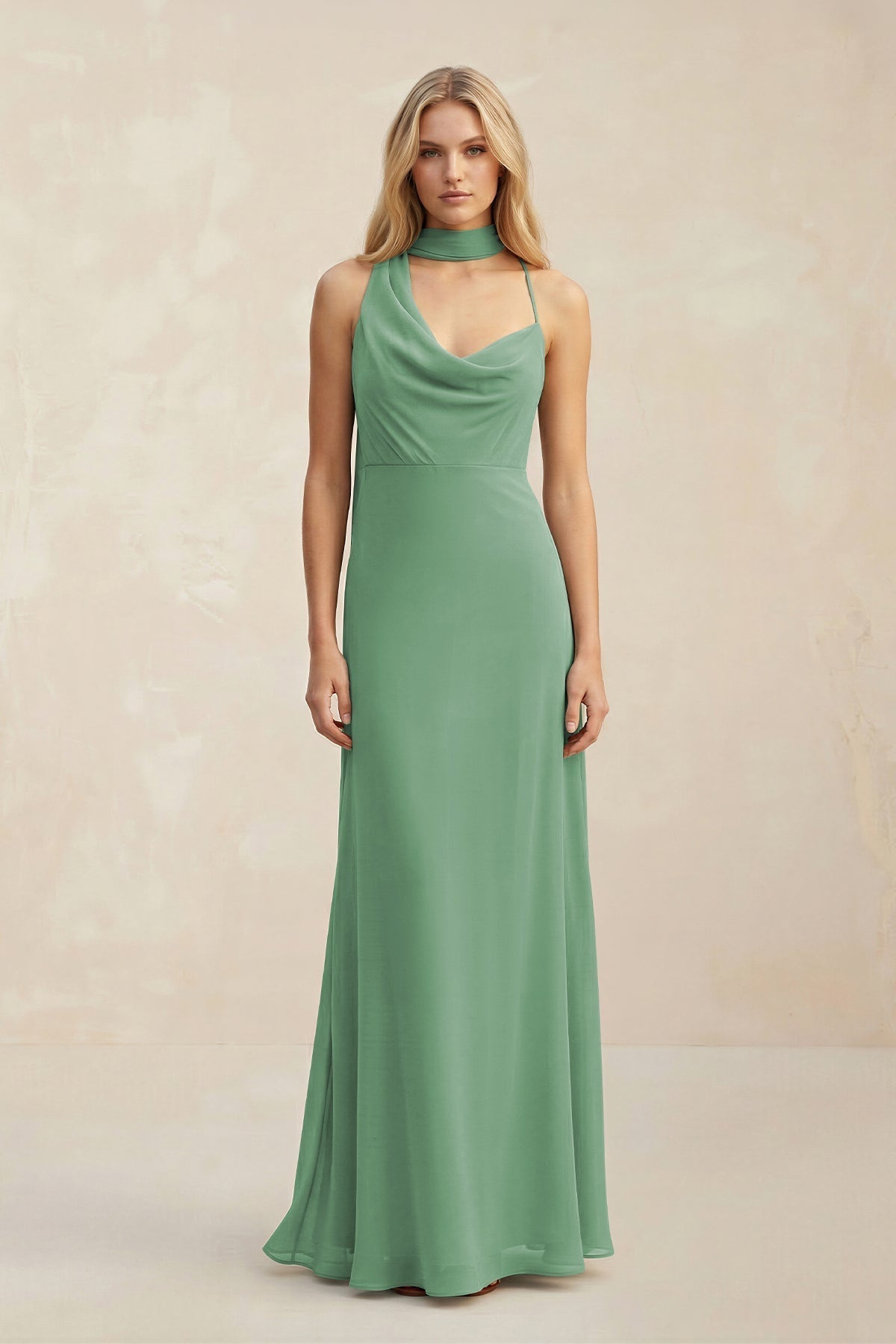 Cowl Neck Sheath Chiffon Maxi Bridesmaid Dress With Ribbon in Sea Glass - Curvevia