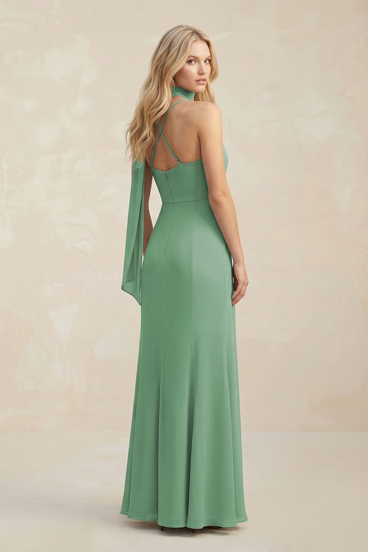 Cowl Neck Sheath Chiffon Maxi Bridesmaid Dress With Ribbon in Sea Glass - Curvevia