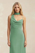 Cowl Neck Sheath Chiffon Maxi Bridesmaid Dress With Ribbon in Sea Glass - Curvevia