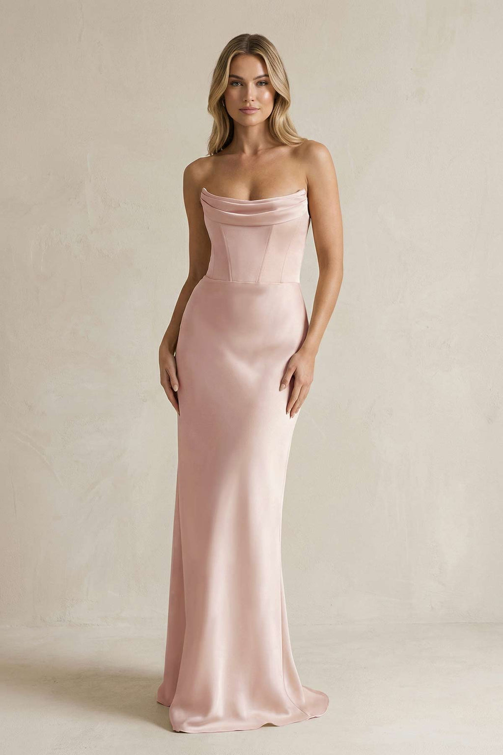 Cowl Neck Sheath Corset Bridesmaid Dress in Pale Blush - Curvevia