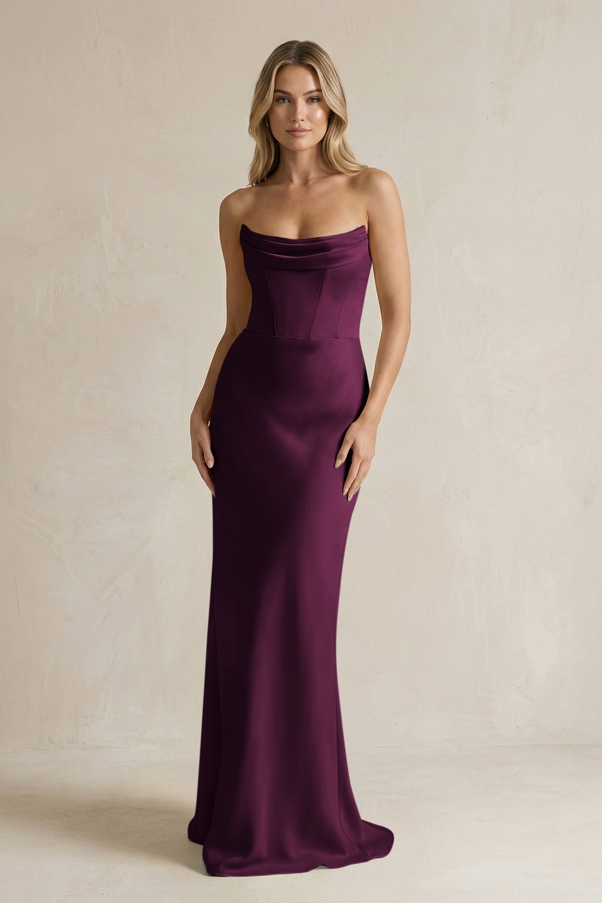 Cowl Neck Sheath Corset Bridesmaid Dress in Sangria - Curvevia
