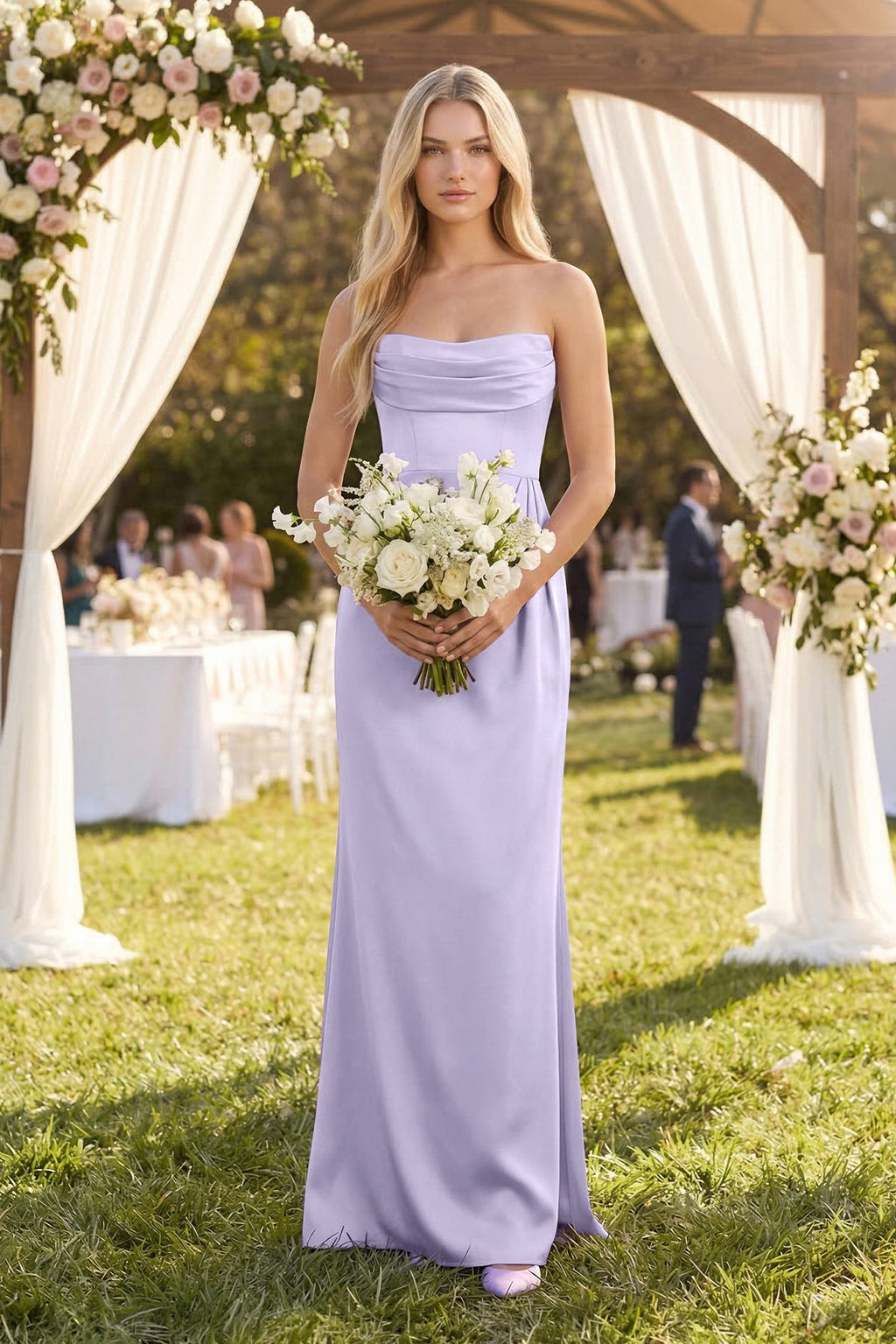 Cowl Neck Sheath Satin Bridesmaid Dress With Detachable Sleeves in Lavender - Curvevia