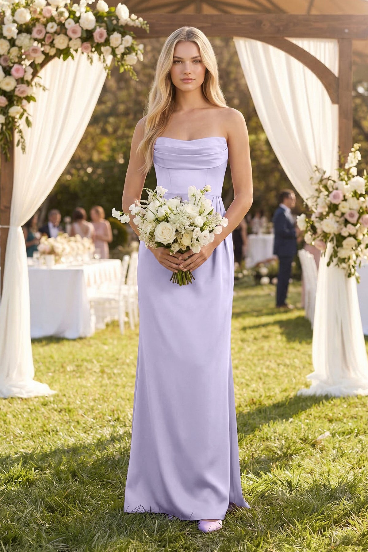 Cowl Neck Sheath Satin Bridesmaid Dress With Detachable Sleeves in Lavender - Curvevia