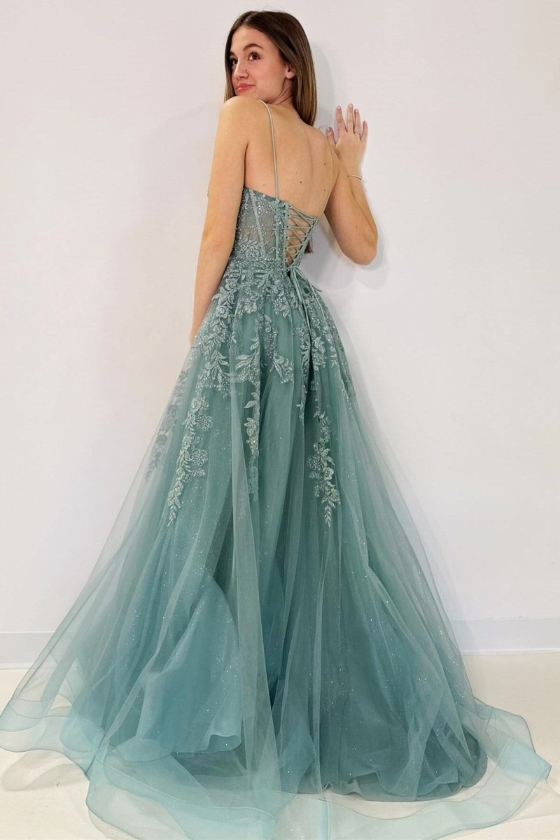 Tulle Appliques Lace-Up A-Line Long Wedding Guest Dress - Curvevia