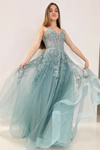 Tulle Appliques Lace-Up A-Line Long Wedding Guest Dress - Curvevia