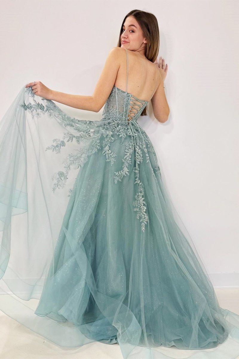Tulle Appliques Lace-Up A-Line Long Wedding Guest Dress - Curvevia