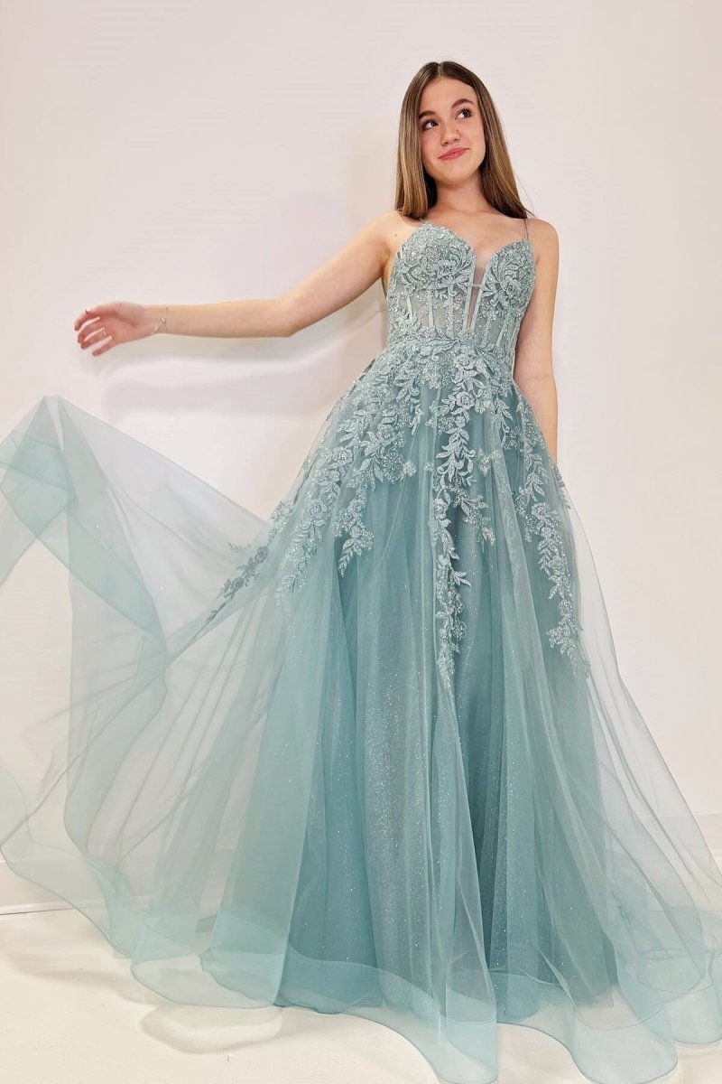 Tulle Appliques Lace-Up A-Line Long Wedding Guest Dress - Curvevia