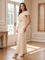 Butter Tulle Sheath V-Neck Back Zip Floor-Length Dress with Ruched Detailing - Curvevia