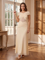Butter Tulle Sheath V-Neck Back Zip Floor-Length Dress with Ruched Detailing - Curvevia