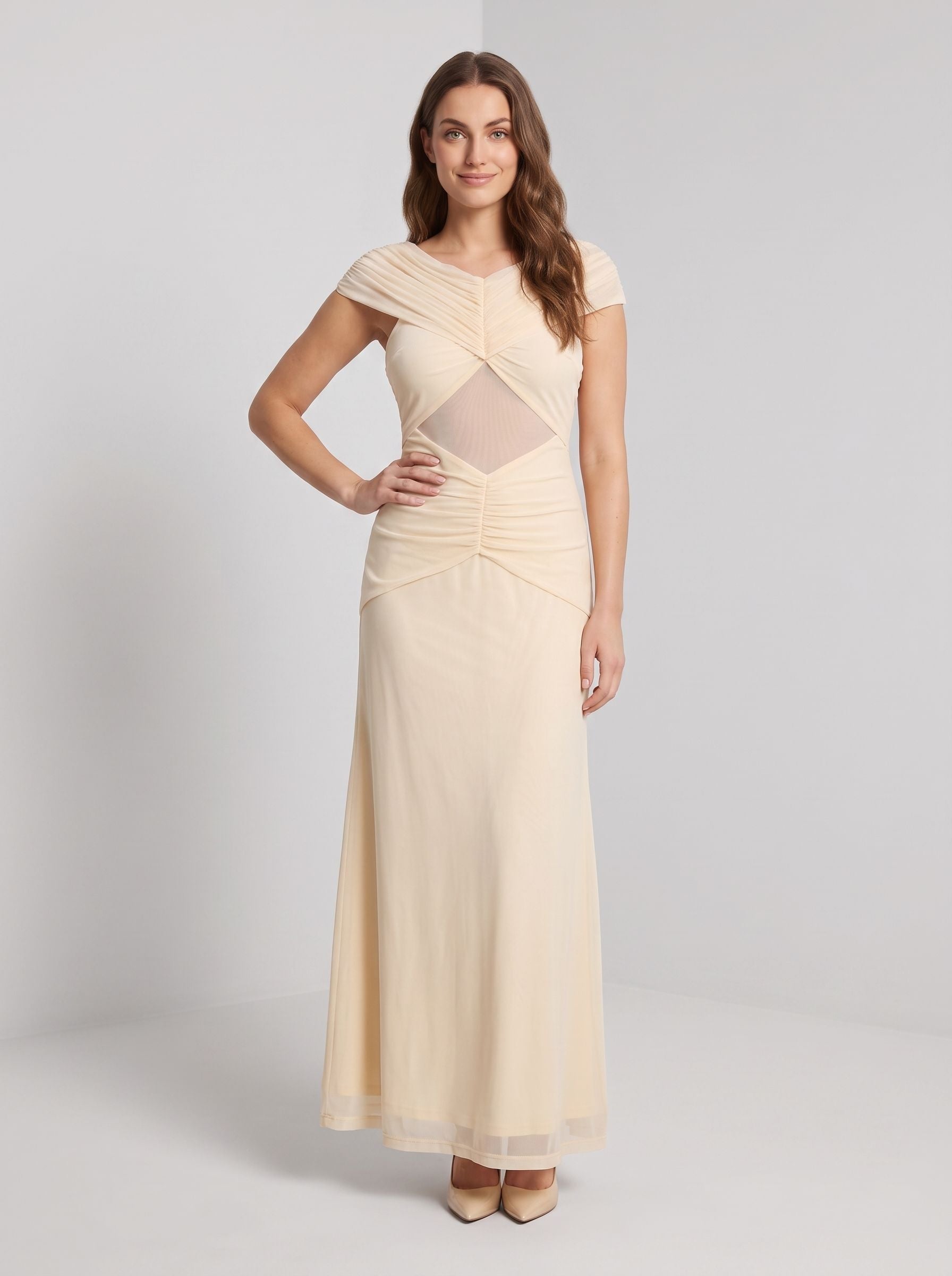 Butter Tulle Sheath V-Neck Back Zip Floor-Length Dress with Ruched Detailing - Curvevia