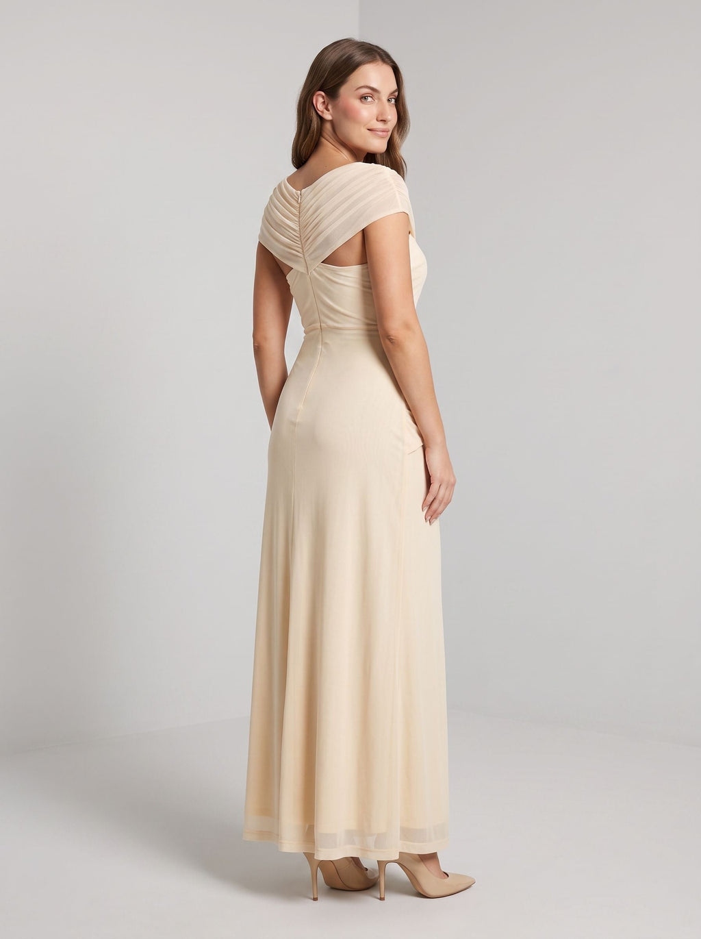 Butter Tulle Sheath V-Neck Back Zip Floor-Length Dress with Ruched Detailing - Curvevia