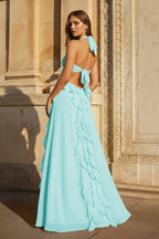 Pink A-Line Halter Chiffon Ruffled Long Prom Dresses With Cut Out - Curvevia