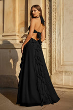 Pink A-Line Halter Chiffon Ruffled Long Prom Dresses With Cut Out - Curvevia