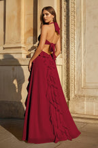 Pink A-Line Halter Chiffon Ruffled Long Prom Dresses With Cut Out - Curvevia