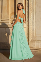 Pink A-Line Halter Chiffon Ruffled Long Prom Dresses With Cut Out - Curvevia