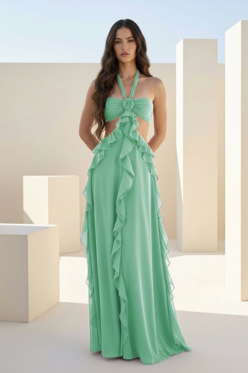 Pink A-Line Halter Chiffon Ruffled Long Prom Dresses With Cut Out - Curvevia