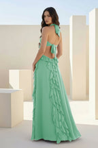 Pink A-Line Halter Chiffon Ruffled Long Prom Dresses With Cut Out - Curvevia