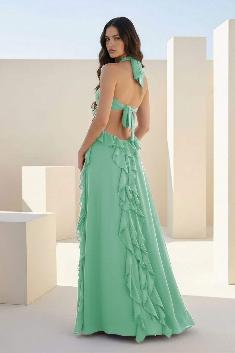 Pink A-Line Halter Chiffon Ruffled Long Prom Dresses With Cut Out - Curvevia