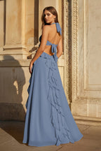 Pink A-Line Halter Chiffon Ruffled Long Prom Dresses With Cut Out - Curvevia