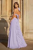 Pink A-Line Halter Chiffon Ruffled Long Prom Dresses With Cut Out - Curvevia