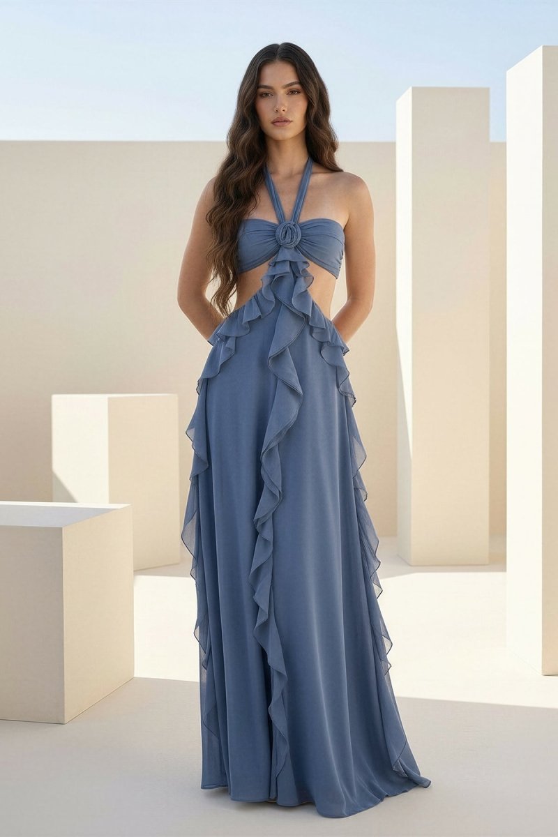 Pink A-Line Halter Chiffon Ruffled Long Prom Dresses With Cut Out - Curvevia