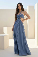 Pink A-Line Halter Chiffon Ruffled Long Prom Dresses With Cut Out - Curvevia