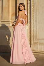 Pink A-Line Halter Chiffon Ruffled Long Prom Dresses With Cut Out - Curvevia