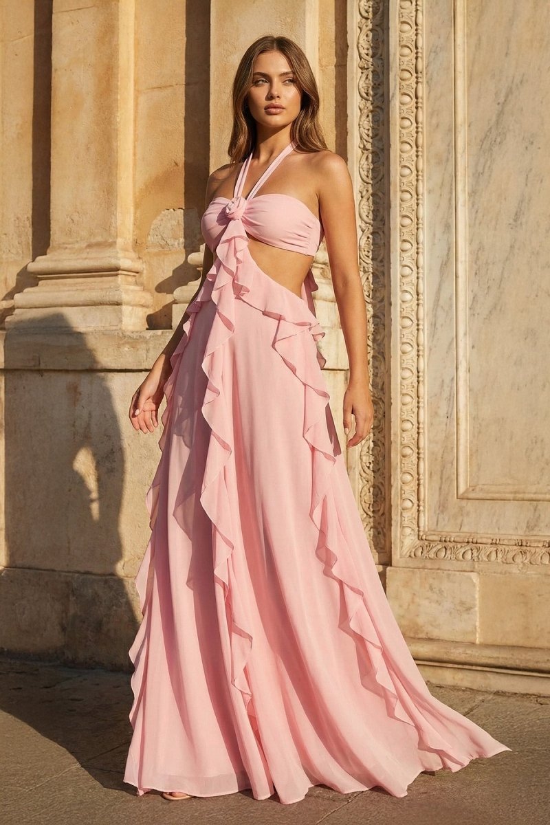 Pink A-Line Halter Chiffon Ruffled Long Prom Dresses With Cut Out - Curvevia