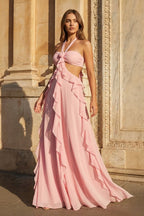 Pink A-Line Halter Chiffon Ruffled Long Prom Dresses With Cut Out - Curvevia