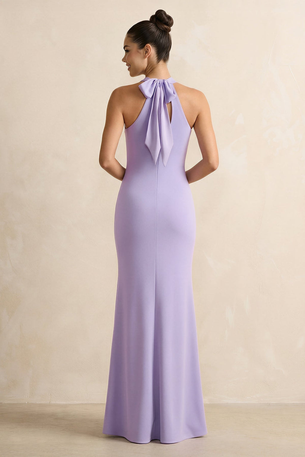 Crisscross Halter Sheath Chiffon Bridesmaid Dress with Bow in Lavender - Curvevia