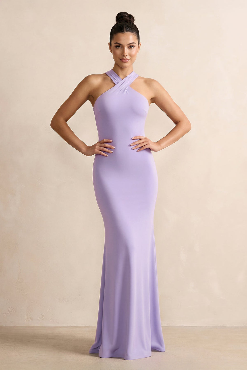 Crisscross Halter Sheath Chiffon Bridesmaid Dress with Bow in Lavender - Curvevia