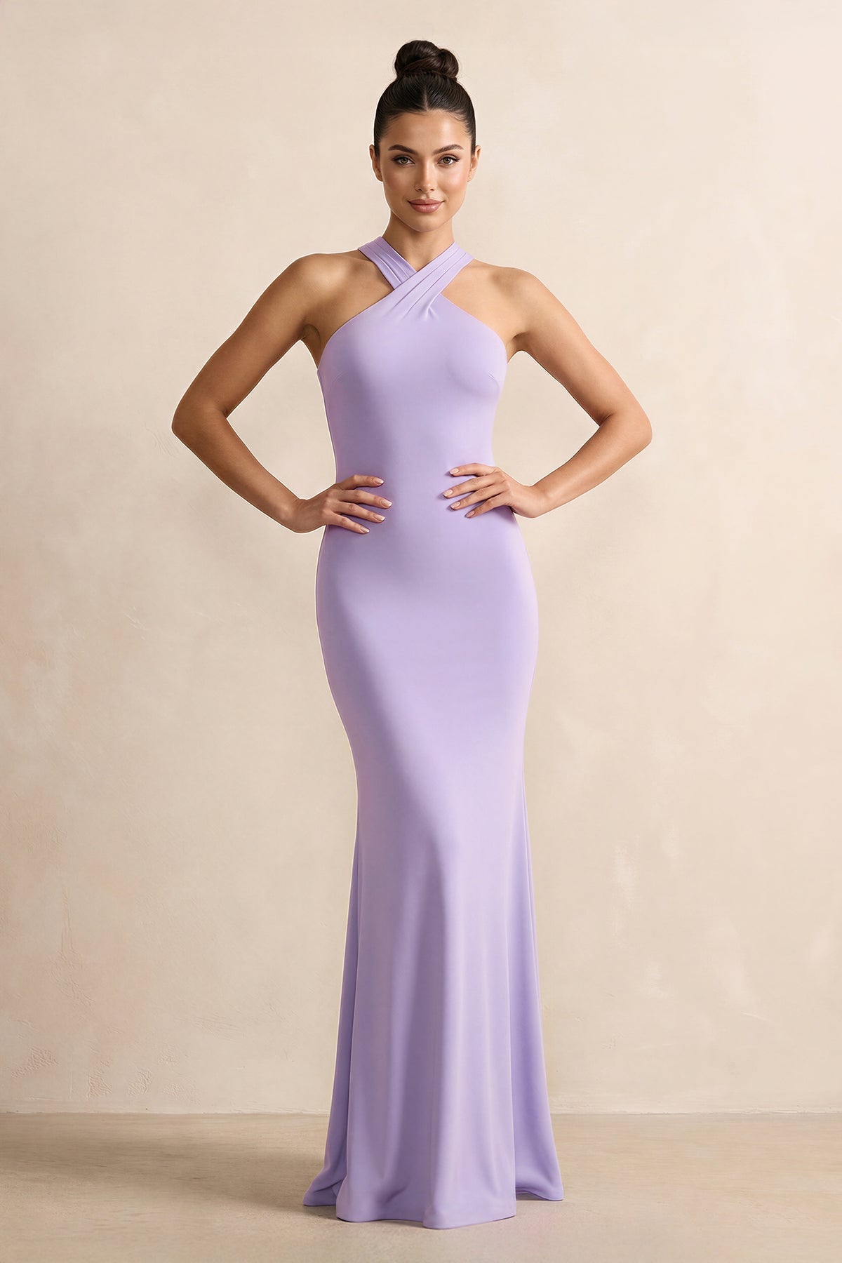 Crisscross Halter Sheath Chiffon Bridesmaid Dress with Bow in Lavender - Curvevia