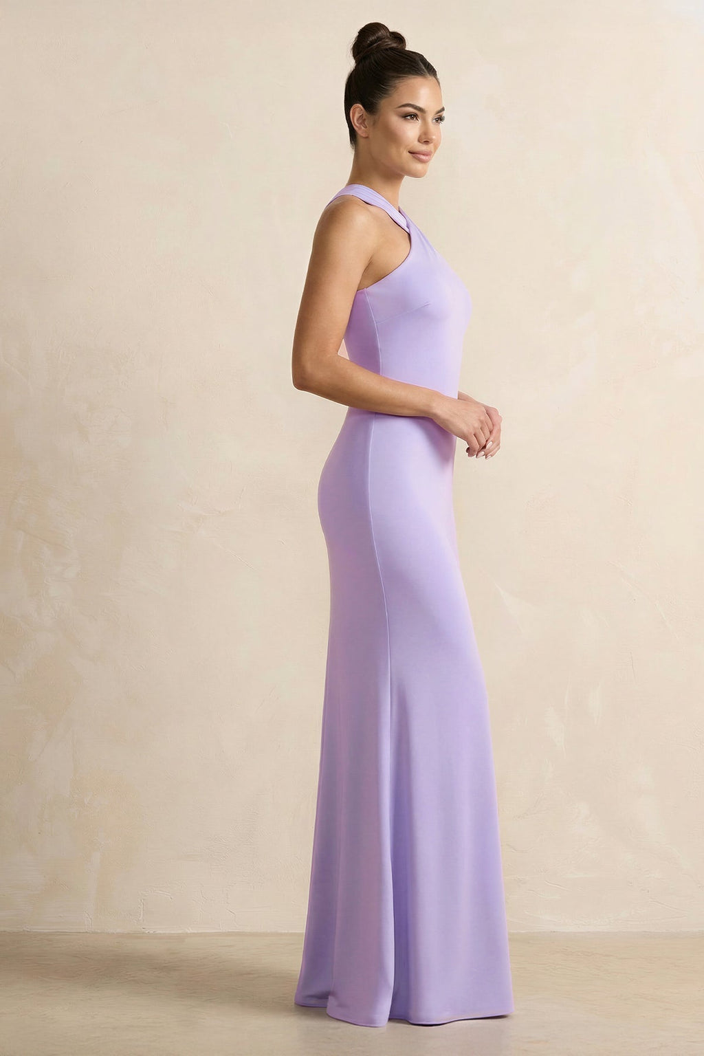 Crisscross Halter Sheath Chiffon Bridesmaid Dress with Bow in Lavender - Curvevia
