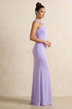 Crisscross Halter Sheath Chiffon Bridesmaid Dress with Bow in Lavender - Curvevia